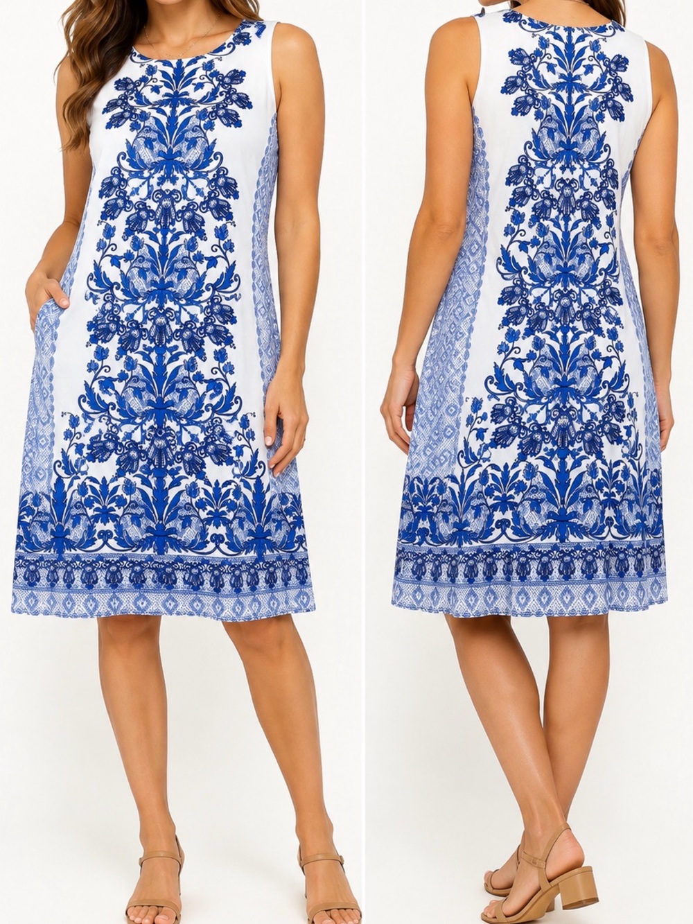 London Times White Sleeveless cotton Shift Dress with Blue Floral Print S6